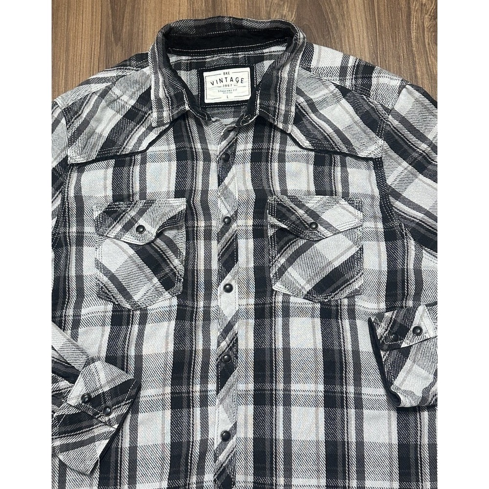 BKE Vintage Pearl Snap Standard Fit Plaid Western Long Sleeve Flannel Shirt Sz L